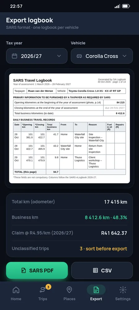 Export screen with a preview of the SARS-format logbook PDF and a CSV option