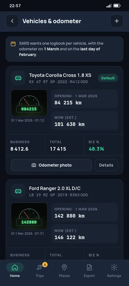 Vehicles and odometer readings with photo proof for each vehicle